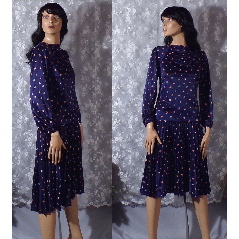 Vintage 70s Fall Leaves Dress Size Small S/M Navy Blue Academia Autumn Preppy